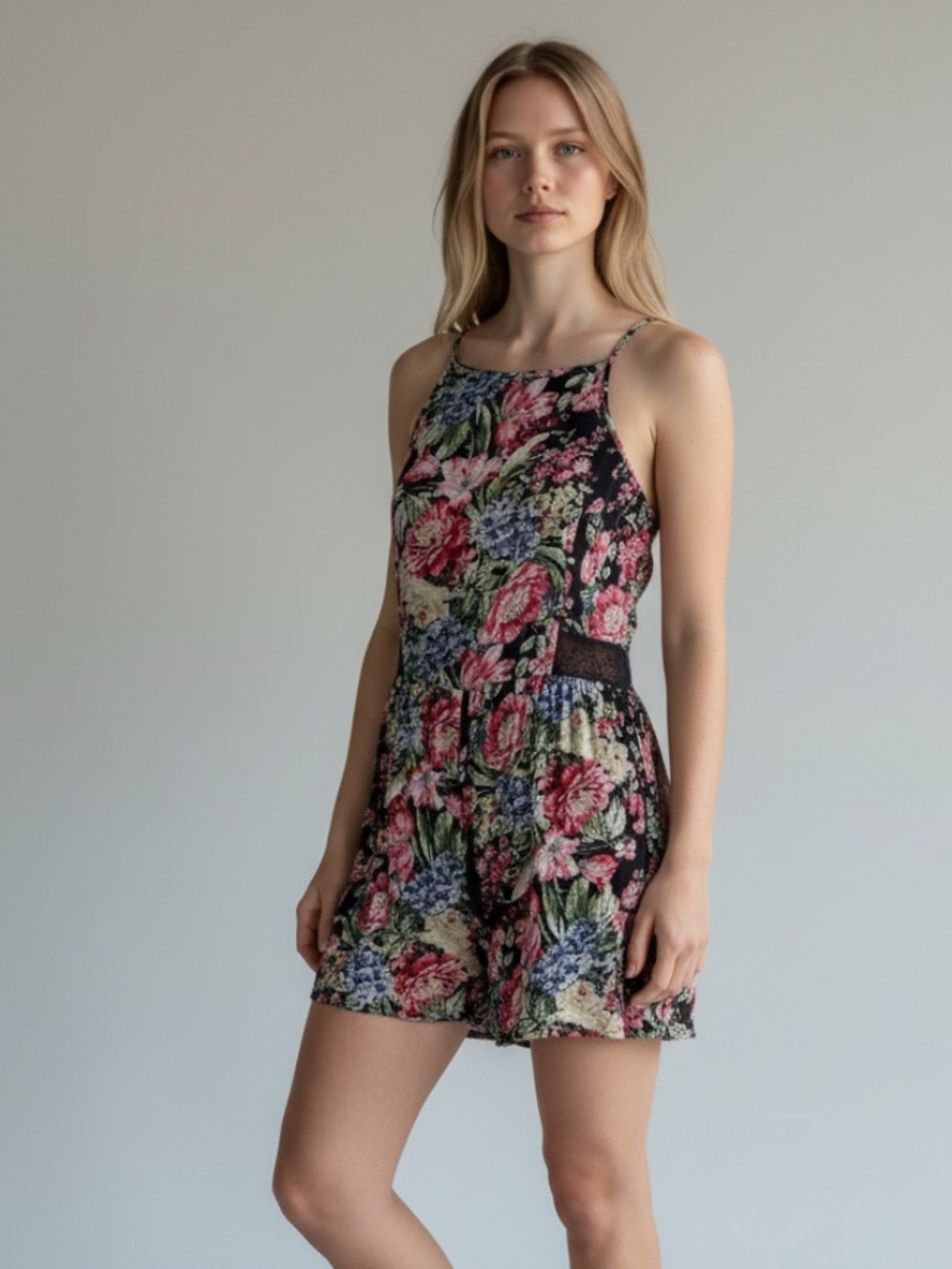 Brave Soul Floral Sleeveless Romper Size Large Black Pink Lace Accent